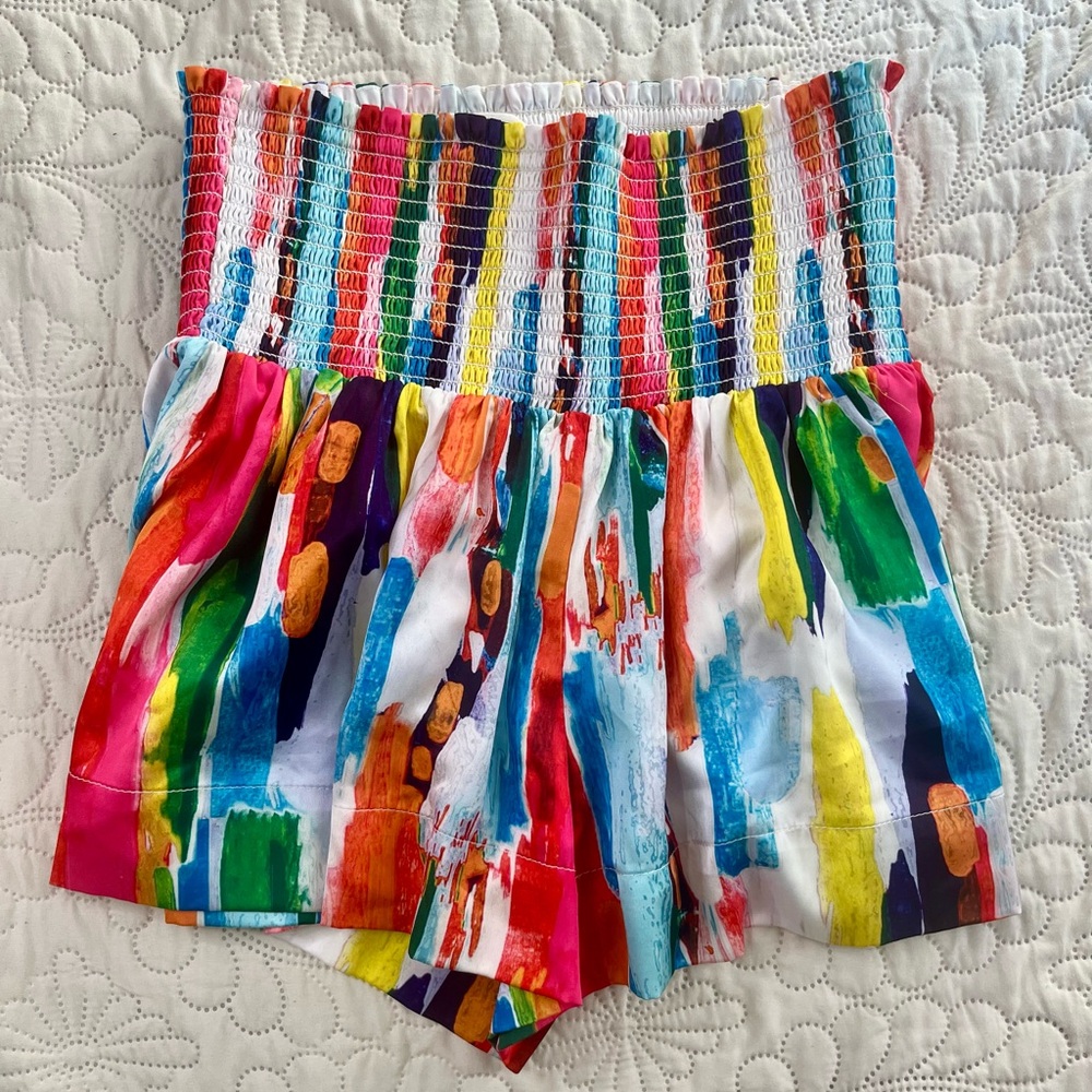 Judith March Multicolor Paint-Stripe Smocked Waist Shorts